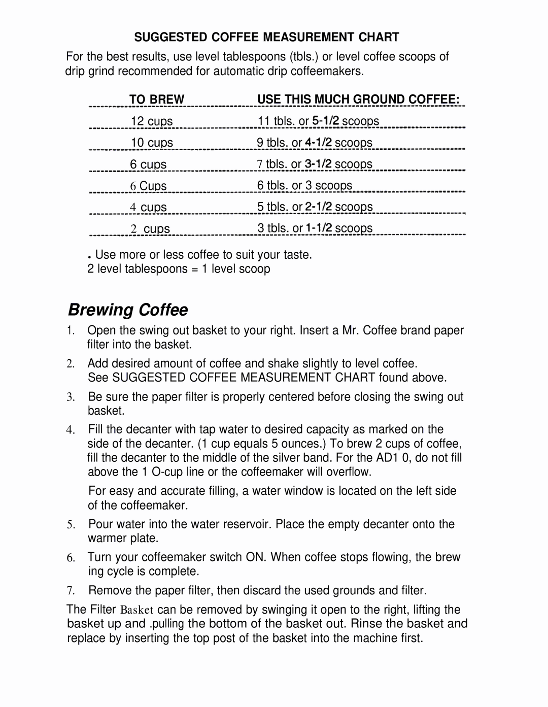 Mr. Coffee AD10 AND AD12 manual Brewing Coffee, Suggested Coffee Measurement Chart 