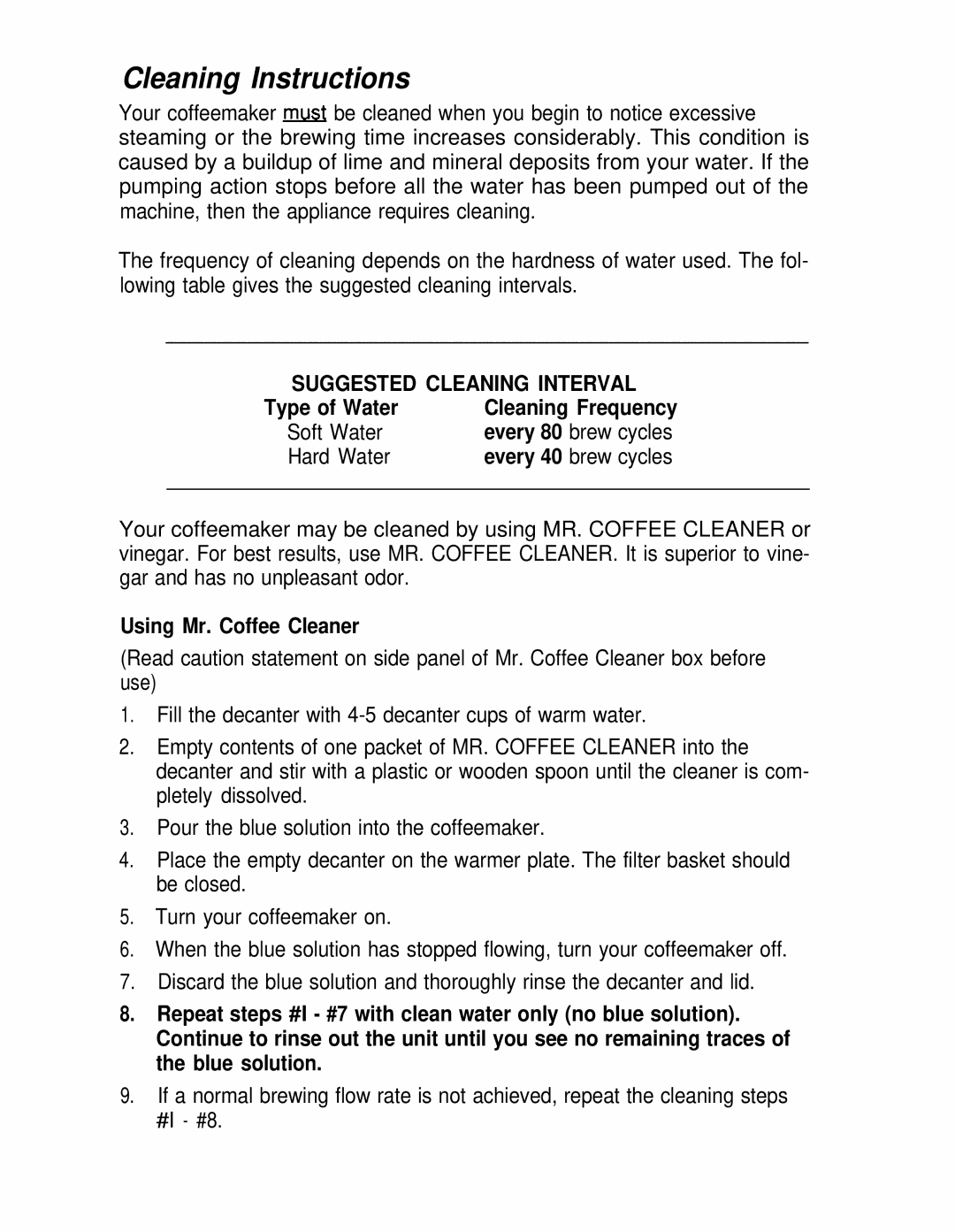 Mr. Coffee AD10 AND AD12 manual Cleaning Instructions, Suggested Cleaning Interval 