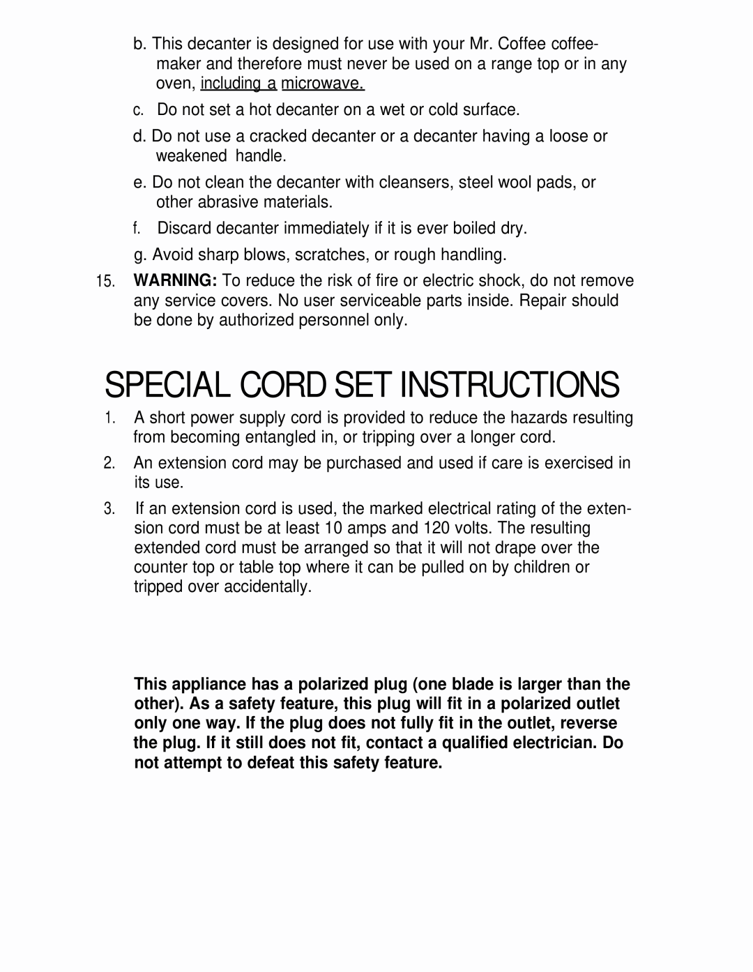 Mr. Coffee AD10 AND AD12 manual Special Cord Set Instructions 