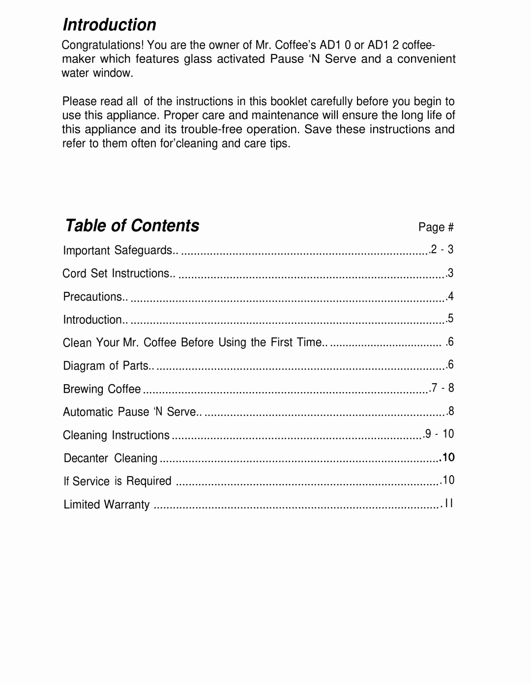 Mr. Coffee AD10 AND AD12 manual Introduction, Table of Contents 