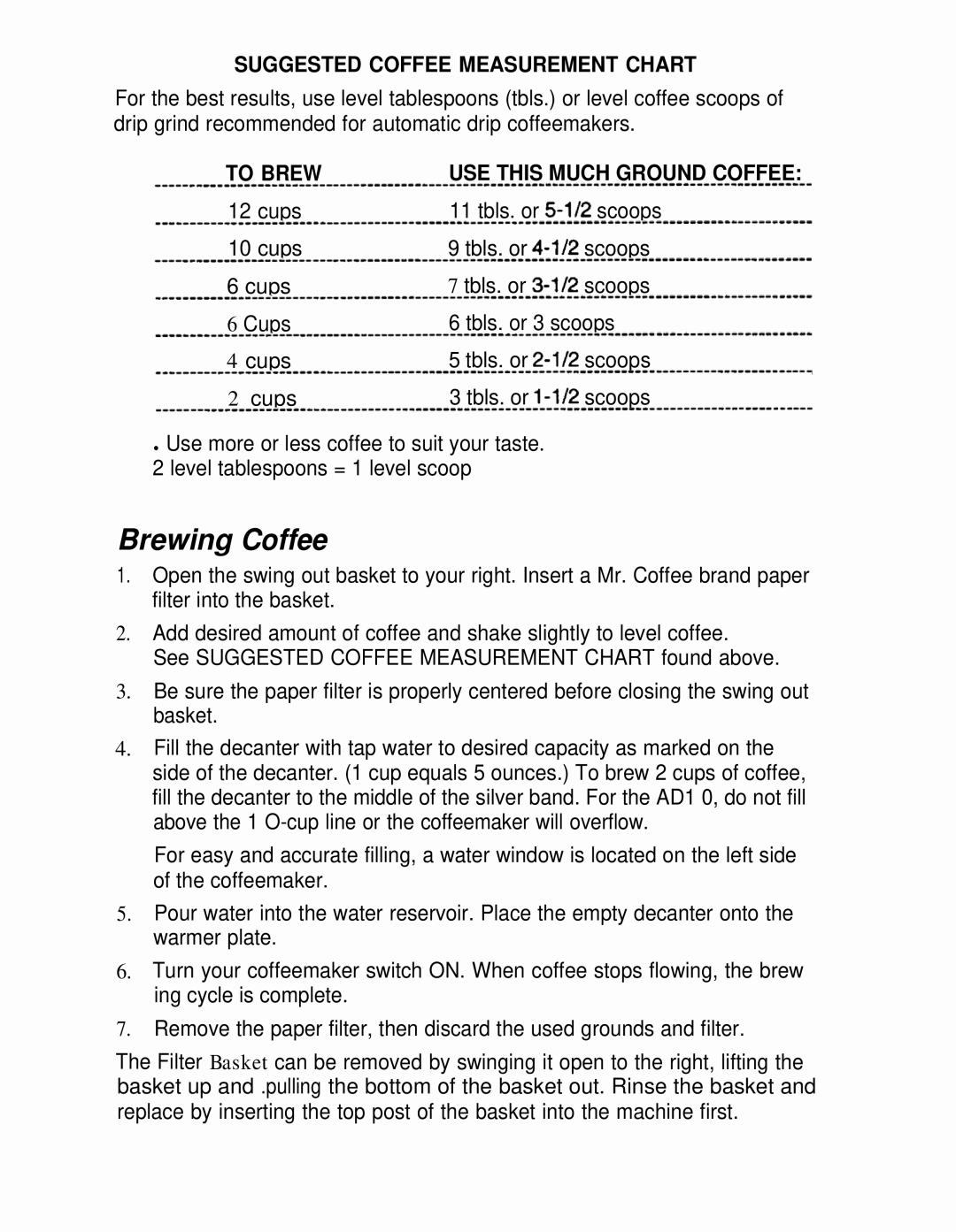 Mr. Coffee AD10 AND AD12 manual Brewing Coffee, Suggested Coffee Measurement Chart, To Brew 