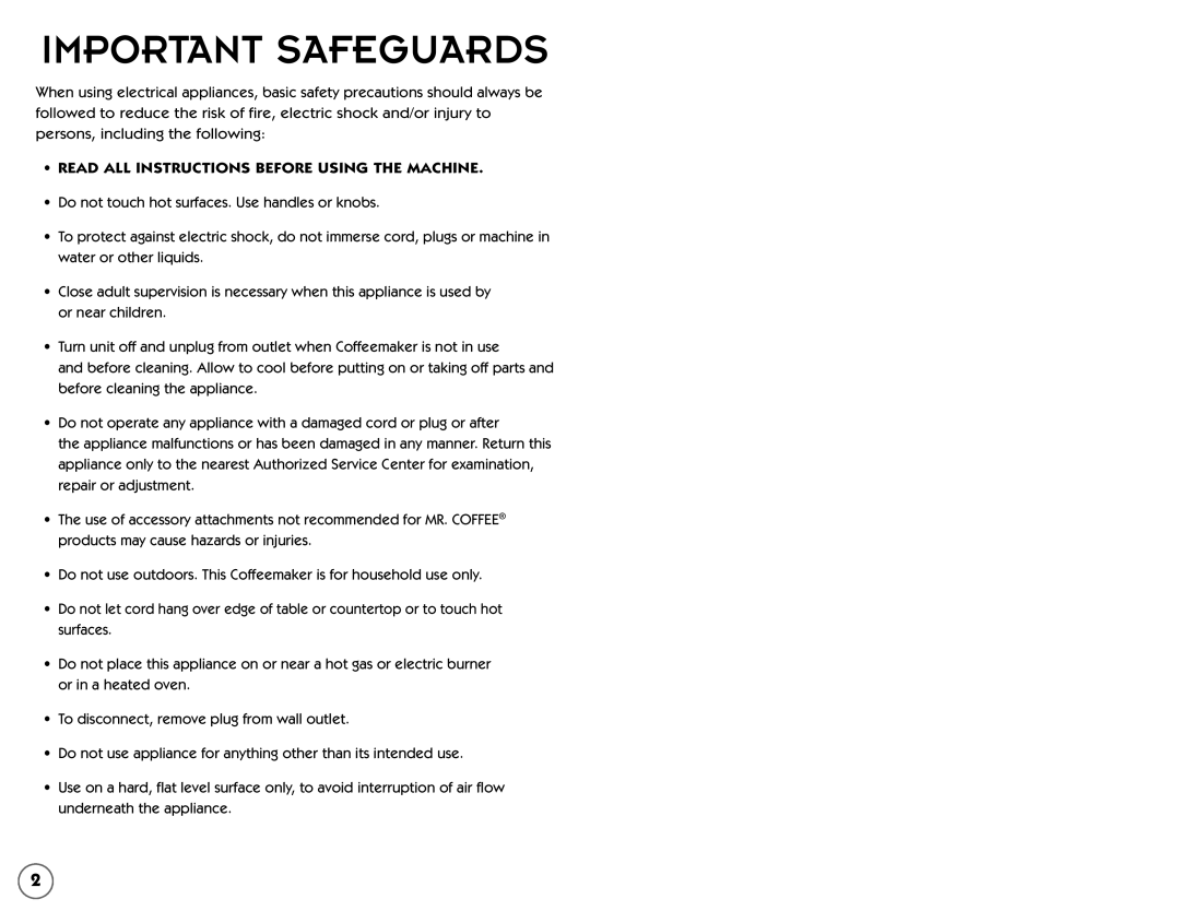 Mr. Coffee AR5, AR4 user manual Important Safeguards 