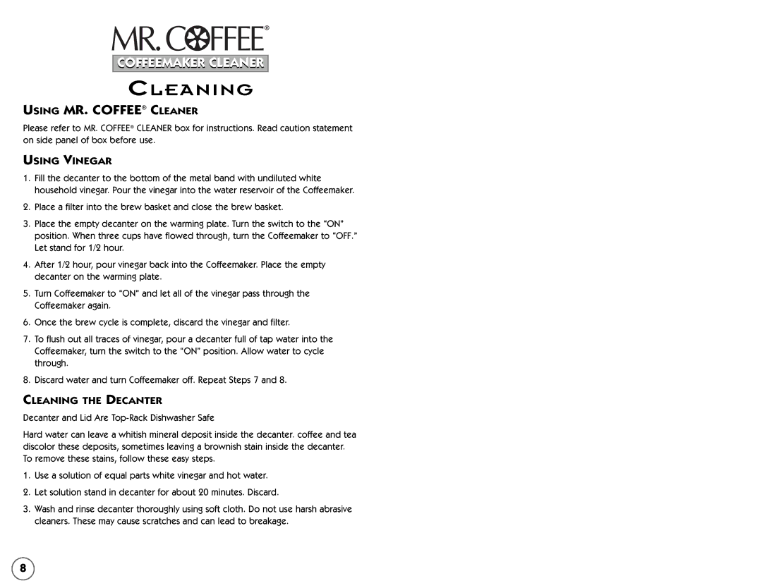 Mr. Coffee AR5, AR4 user manual Using Vinegar, Cleaning the Decanter 