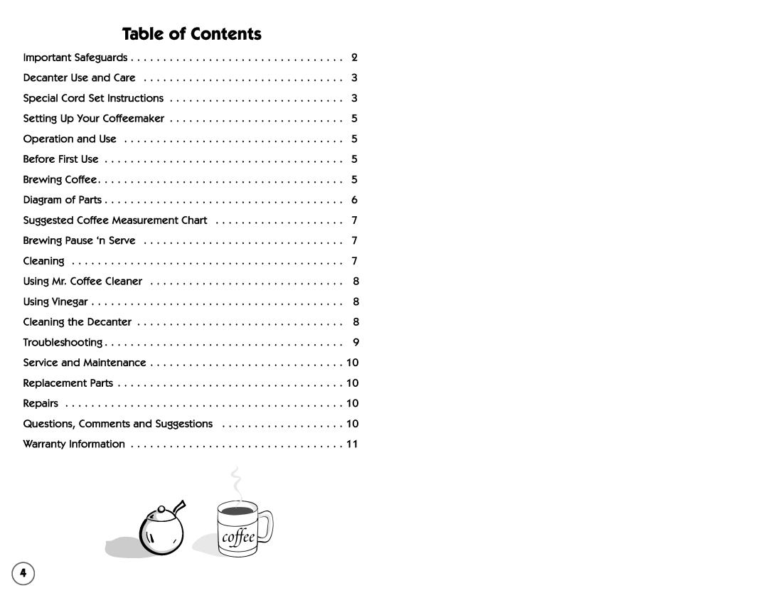 Mr. Coffee AR5, AR4 user manual coffee, Table of Contents 