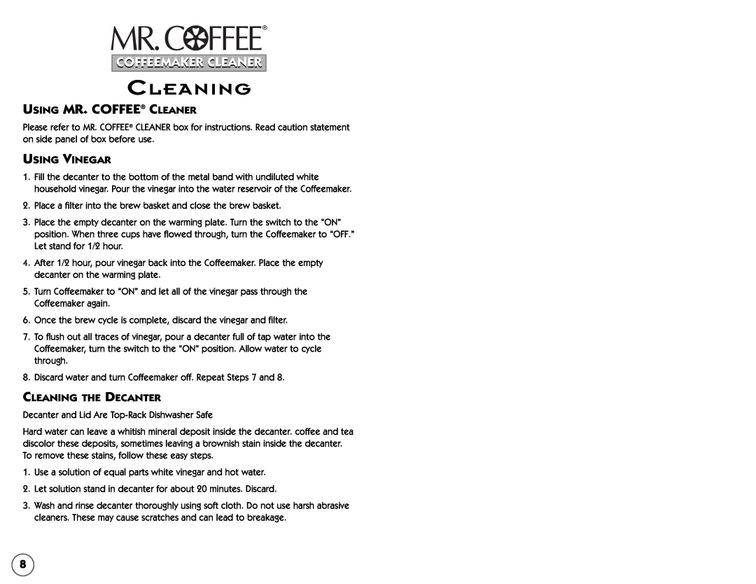 Mr. Coffee AR5 Using Vinegar, Cleaning The Decanter, Using Mr. Coffee Cleaner, Coffeemakercoffeemaker Cleanercleaner 