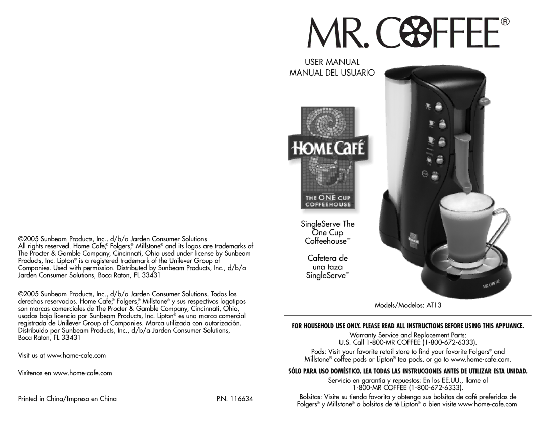 Mr. Coffee AT13 manual Manual DEL Usuario, SingleServe One Cup Coffeehouse Cafetera de Una taza 