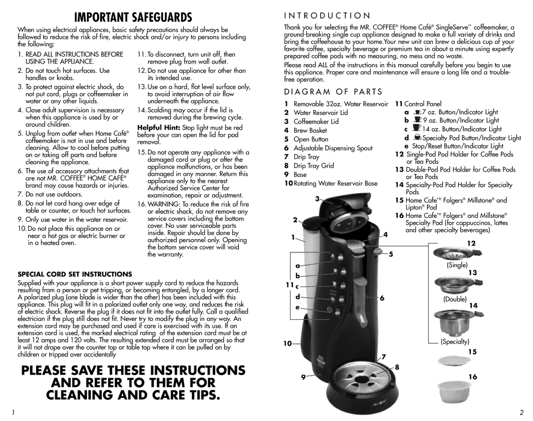 Mr. Coffee AT13 manual T R O D U C T I O N, A G R a M O F P a R T S, Special Cord SET Instructions, c Double Specialty 