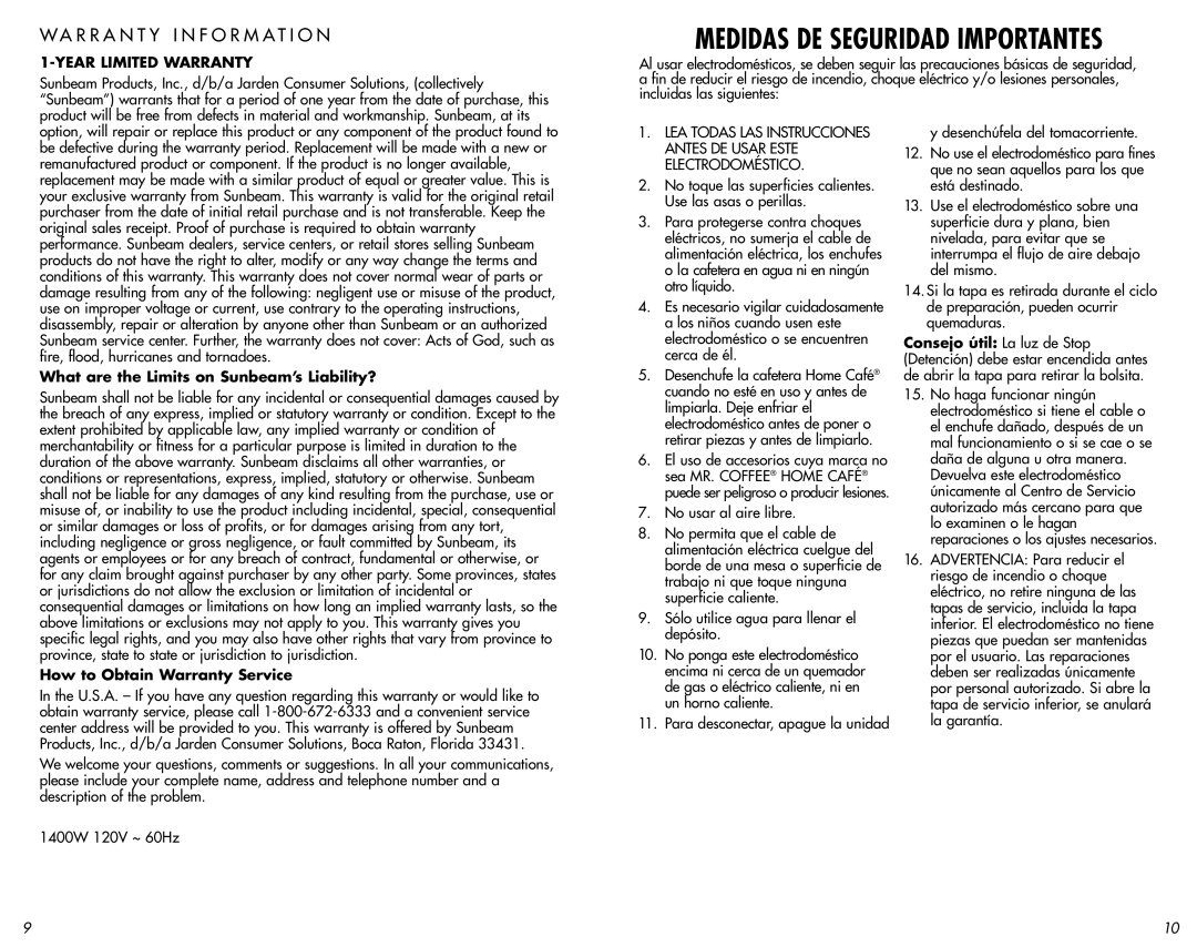 Mr. Coffee AT13 R R a N T Y I N F O R M a T I O N, Year Limited Warranty, What are the Limits on Sunbeam’s Liability? 