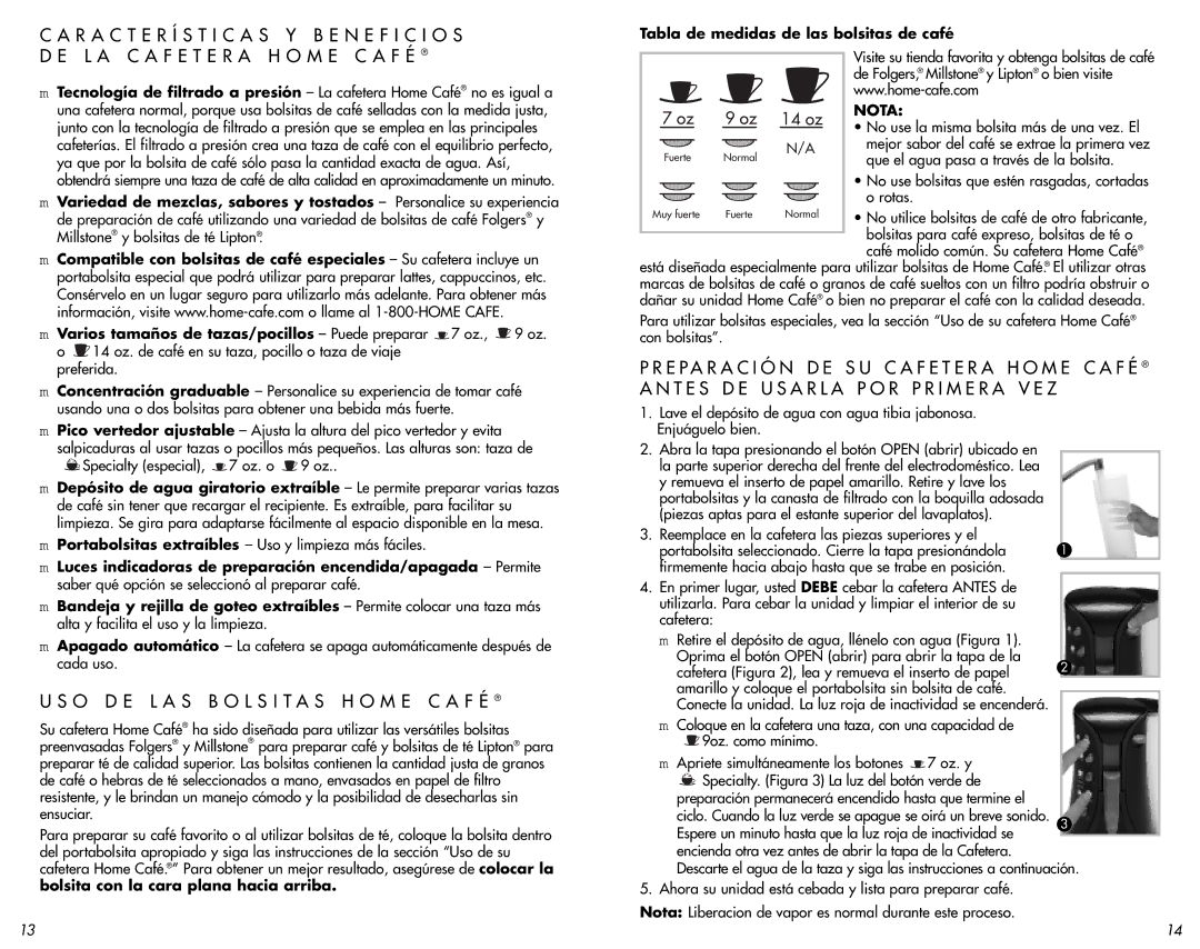 Mr. Coffee AT13 manual O D E L a S B O L S I T a S H O M E C a F É, Tabla de medidas de las bolsitas de café, Nota 