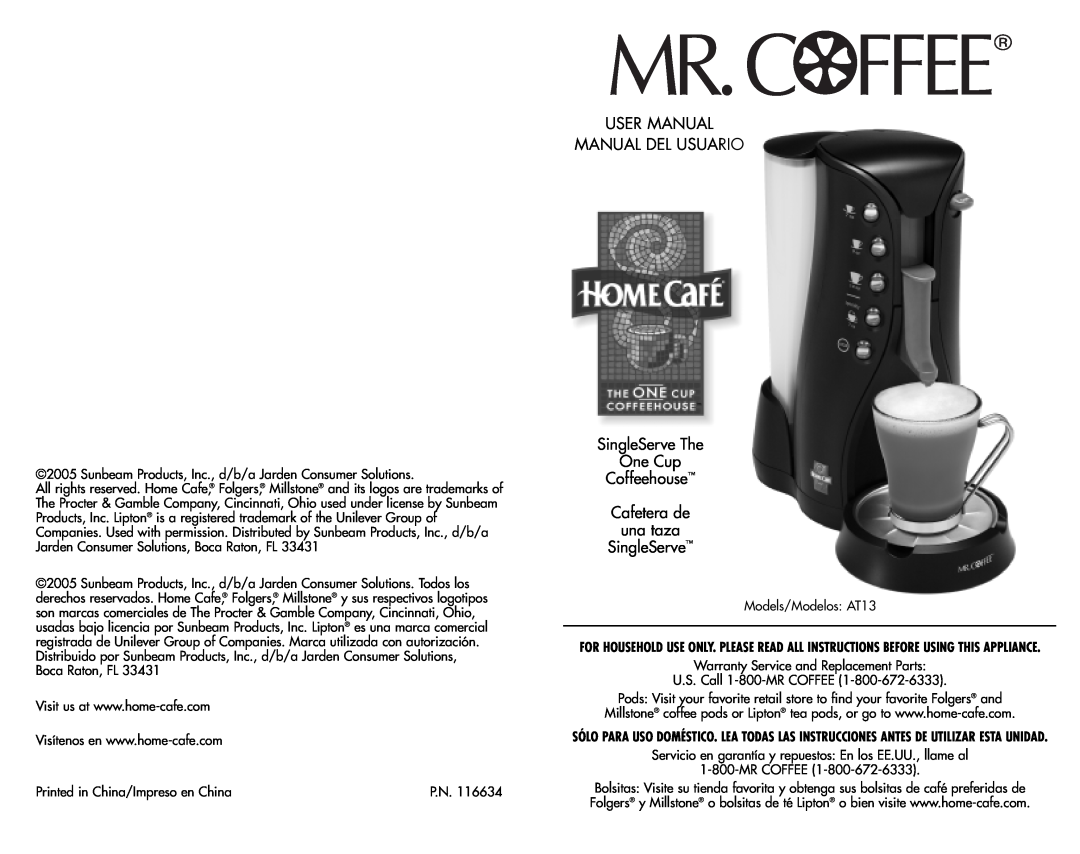 Mr. Coffee AT13 manual Cafetera de una taza SingleServe 