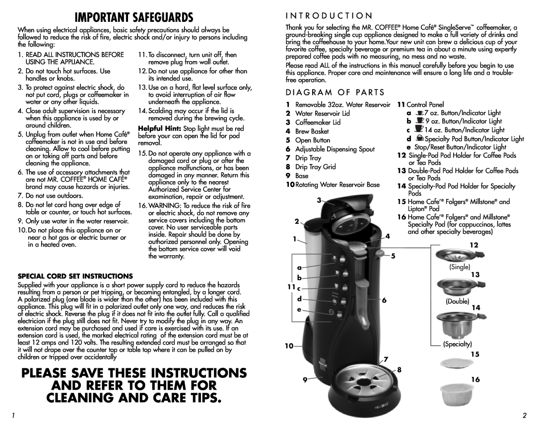 Mr. Coffee AT13 Important Safeguards, Please Save These Instructions And Refer To Them For, Cleaning And Care Tips, 11 c 