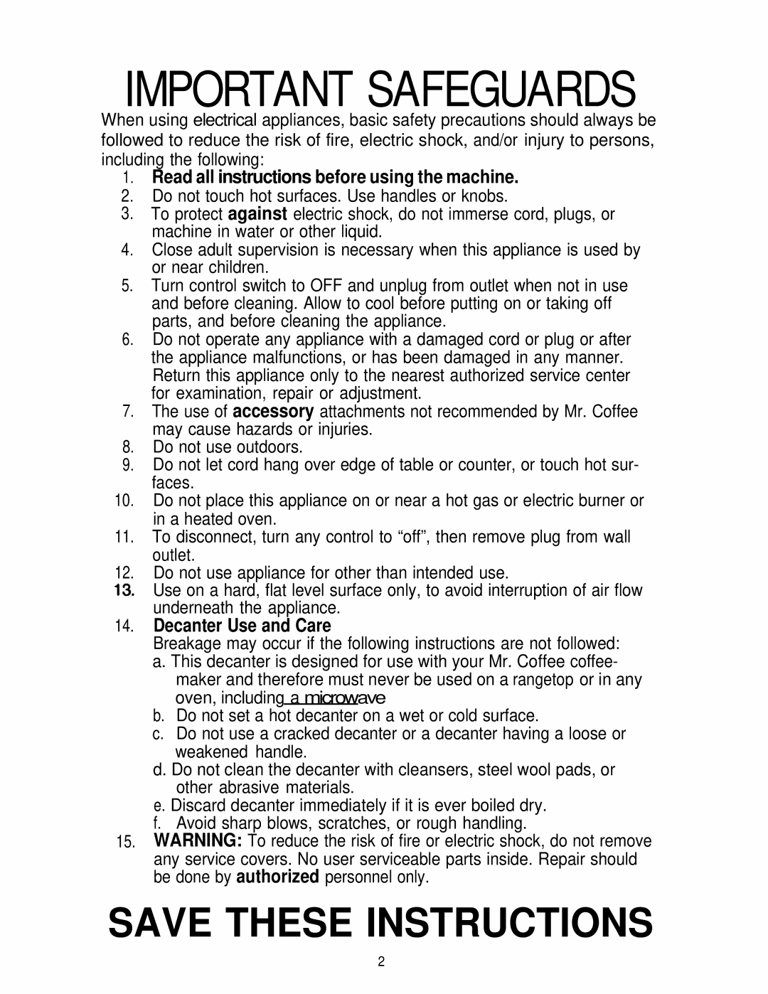 Mr. Coffee BL5, BL6, BL4 manual Important Safeguards 