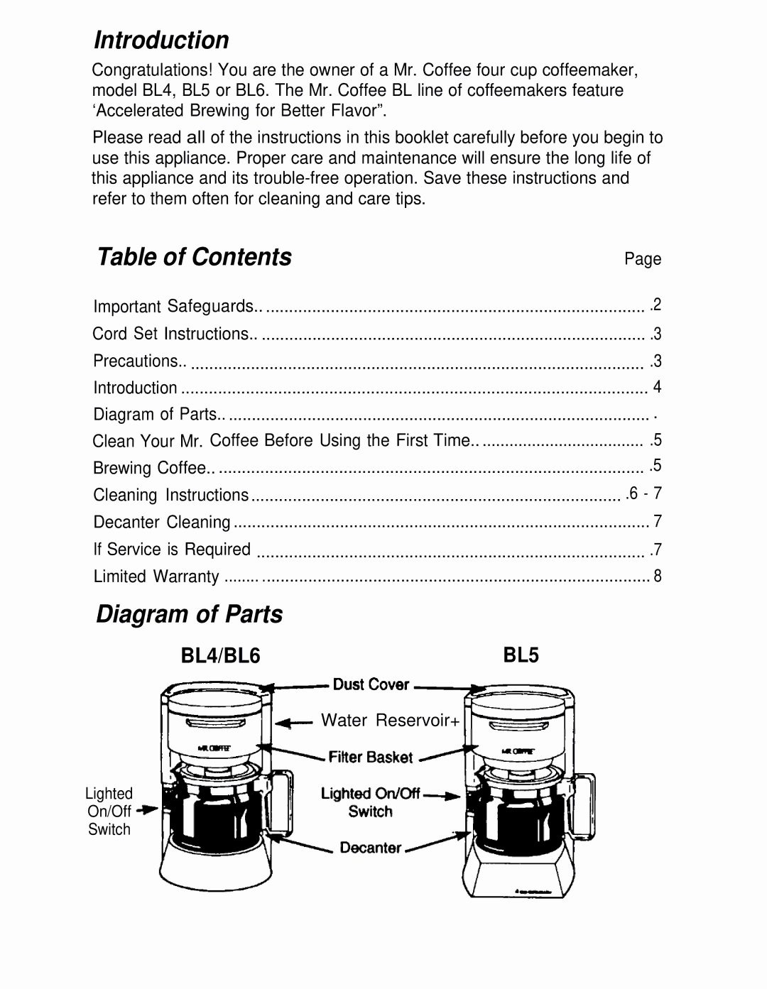 Mr. Coffee BL5, BL6, BL4 manual Introduction, Table of Contents, Diagram of Parts 