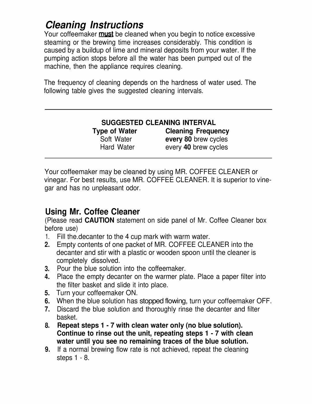 Mr. Coffee BL5, BL6, BL4 manual Cleaning Instructions, Suggested Cleaning Interval 