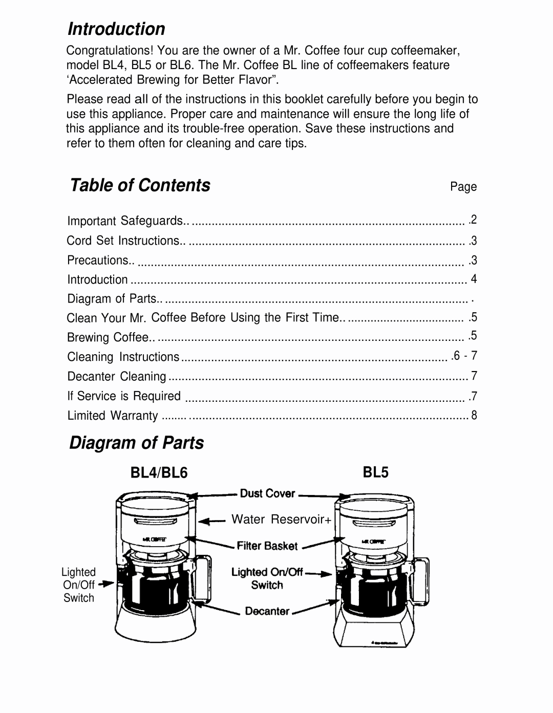 Mr. Coffee BL5, BL6 manual Introduction, Table of Contents, Diagram of Parts, BL4/BL6BL5 