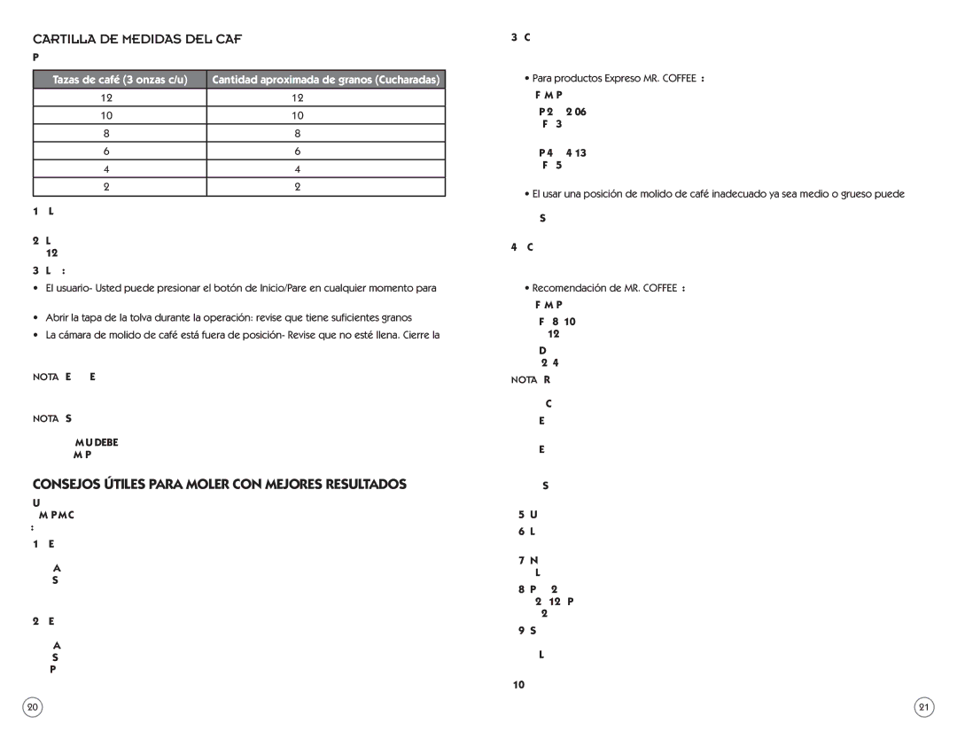 Mr. Coffee BMH user manual Cartilla de Medidas del café, Consejos útiles para moler con mejores resultados 