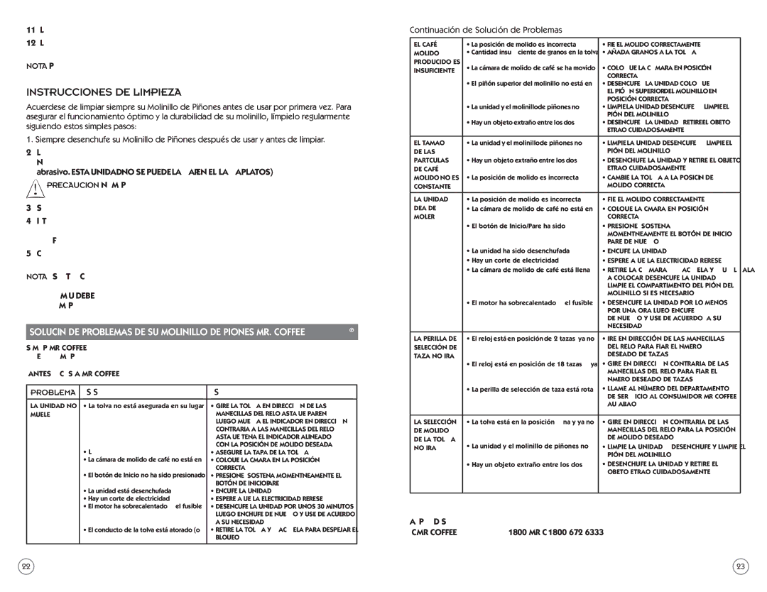 Mr. Coffee BMH Instrucciones de Limpieza, Problema Causa Posible Solución, Continuación de Solución de Problemas 