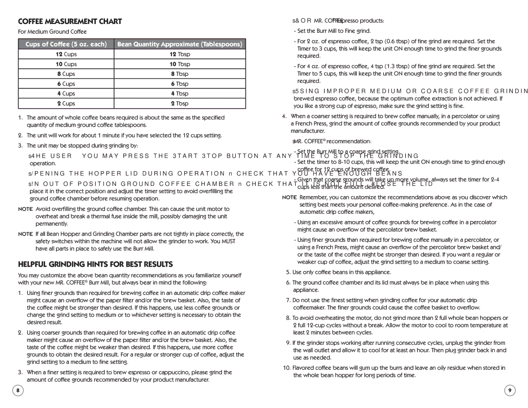 Mr. Coffee BMH user manual Coffee Measurement Chart, Helpful Grinding Hints for Best Results 