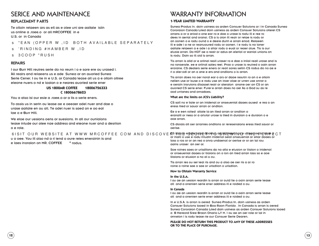 Mr. Coffee BMH user manual Service and Maintenance, Warranty Information, Year Limited Warranty 