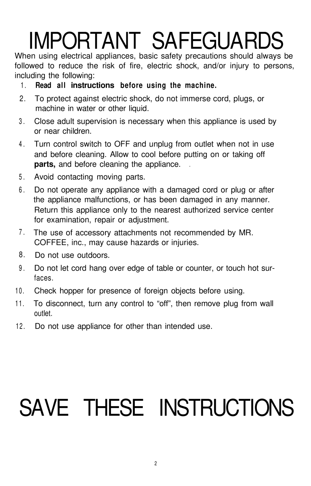 Mr. Coffee BMLD manual Important Safeguards, Read all instructions before using the machine 