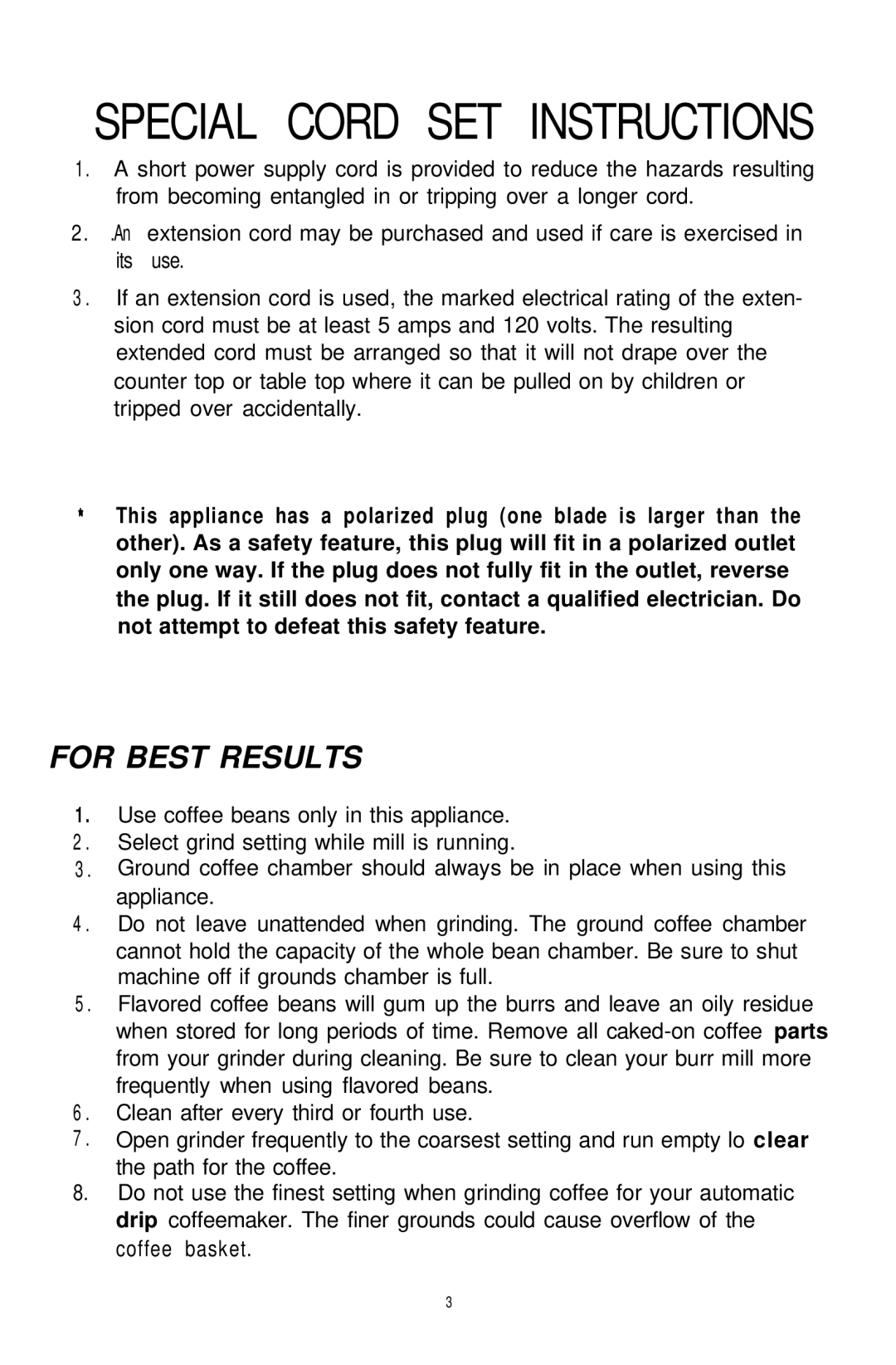 Mr. Coffee BMLD manual Special Cord SET Instructions 