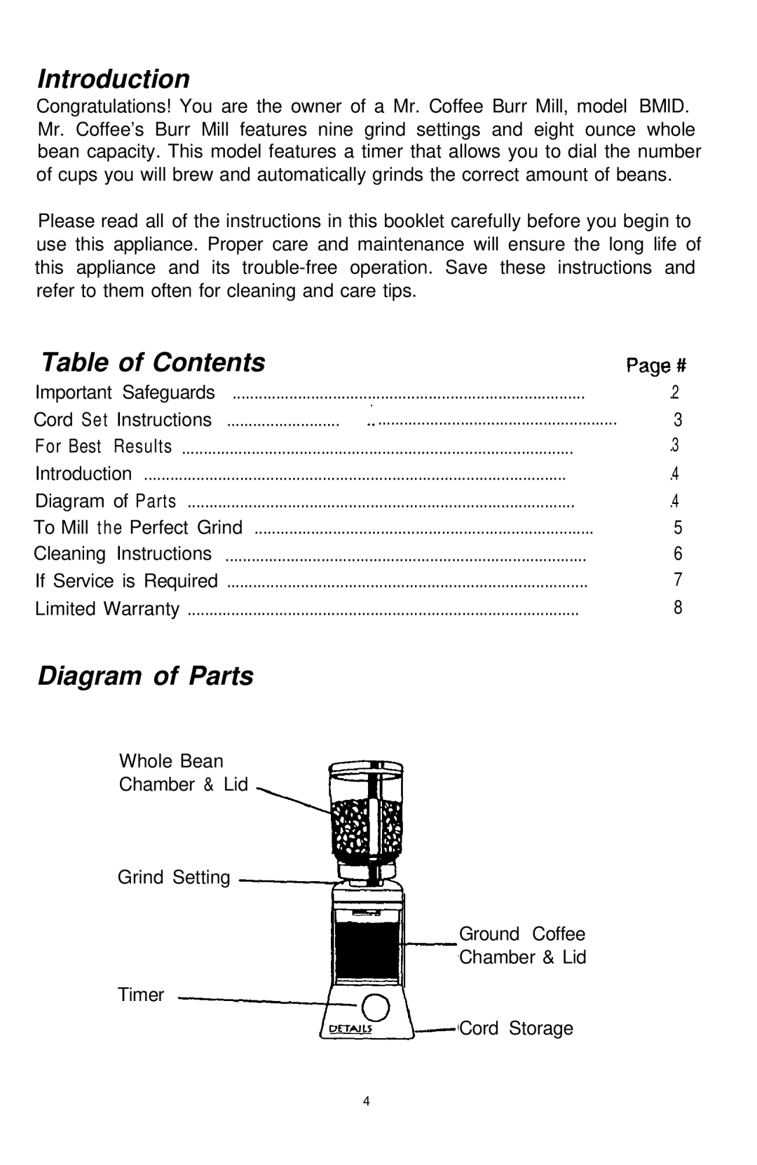 Mr. Coffee BMLD manual Introduction, Table of Contents, Diagram of Parts 