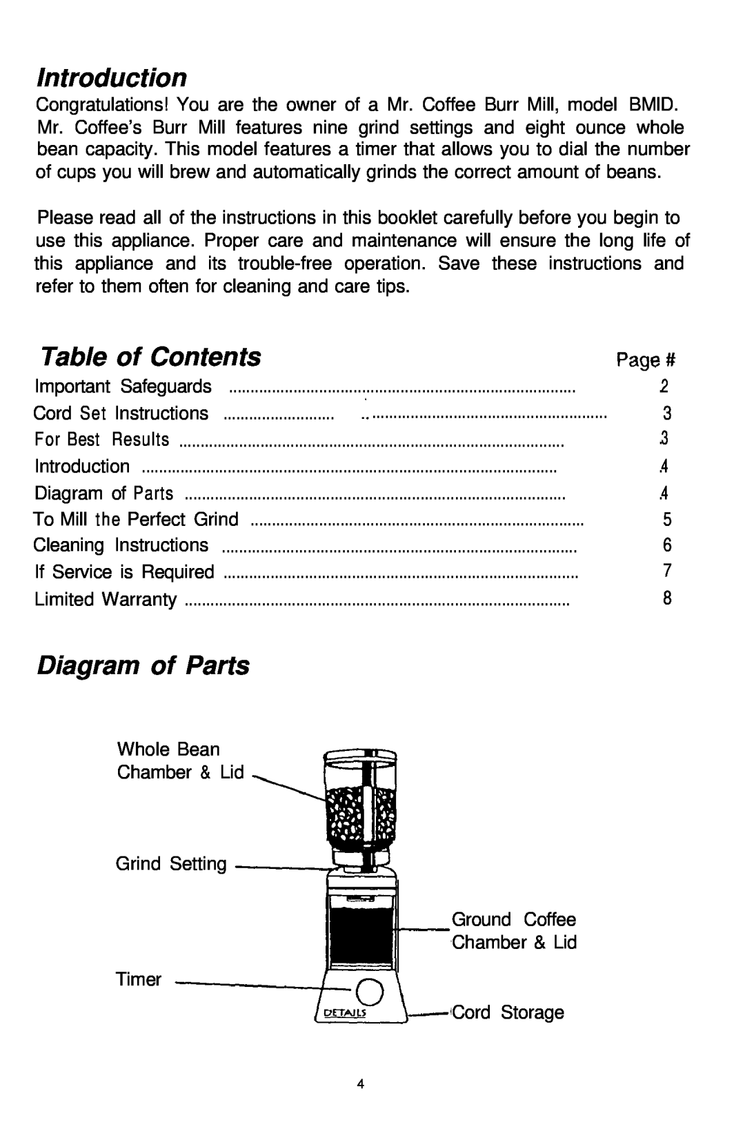 Mr. Coffee BMLD manual Introduction, Table of Contents, Diagram of Parts 
