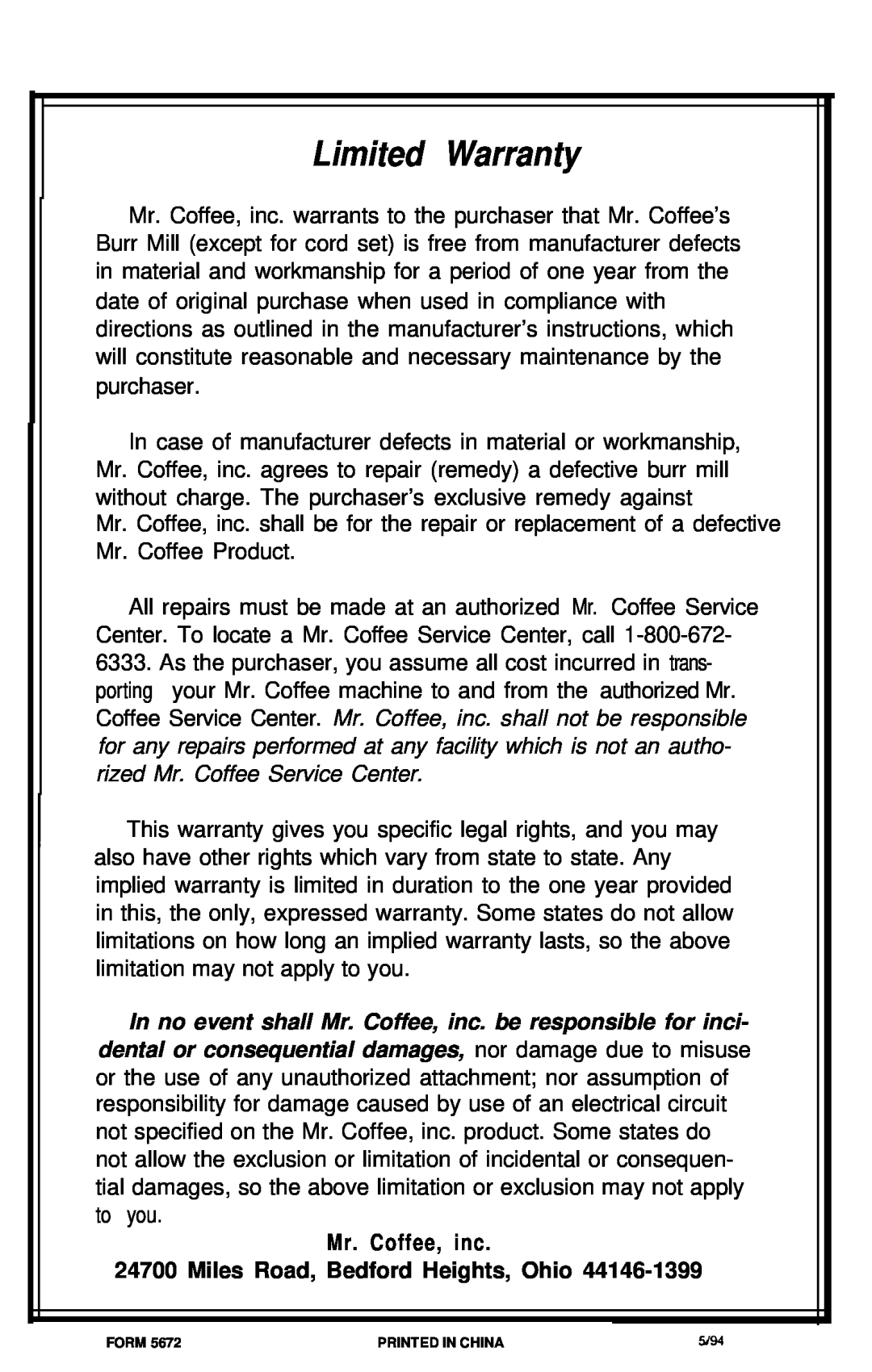 Mr. Coffee BMLD manual Limited Warranty, Mr. Coffee, inc, Miles Road, Bedford Heights, Ohio 