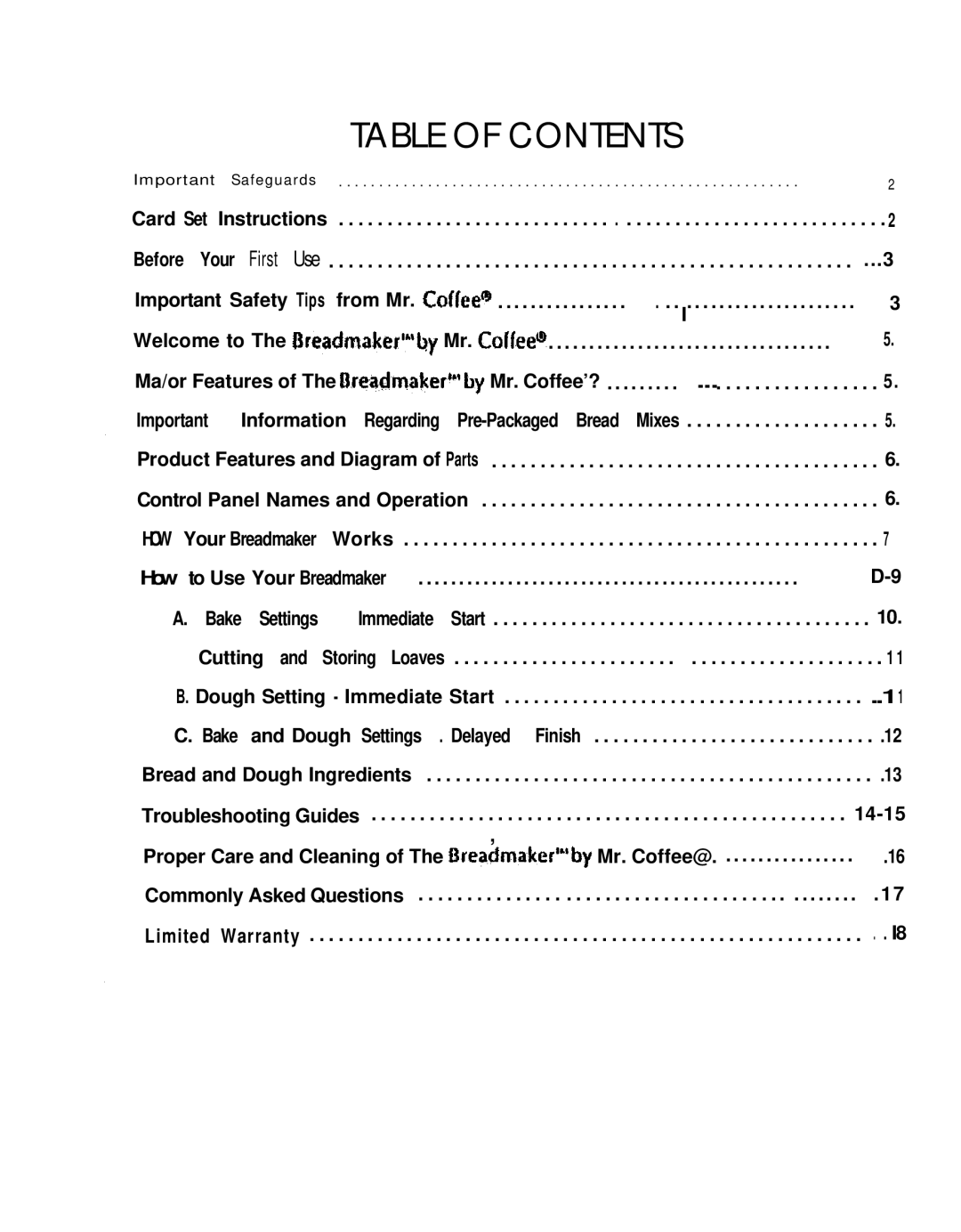 Mr. Coffee BMR 200 instruction manual Table of Contents 