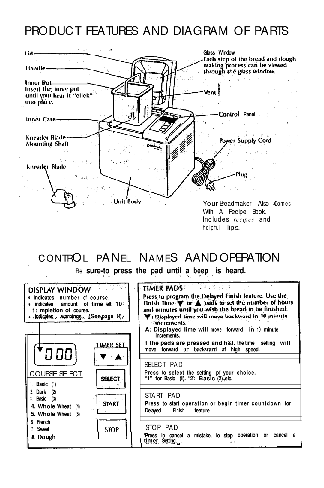 Mr. Coffee BMR 200 instruction manual Product Features and Diagram of Parts, Control Panel Names Aand Operation 