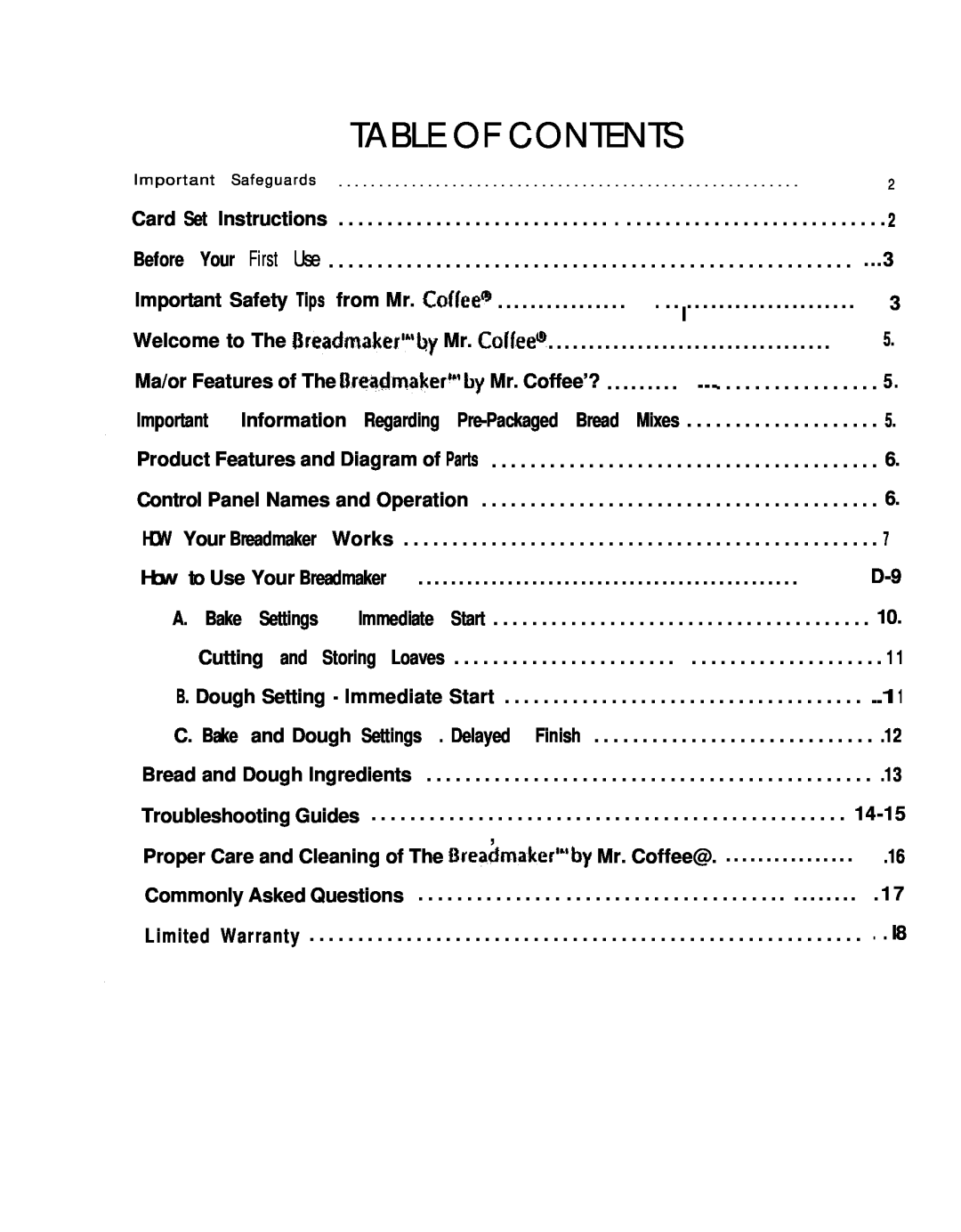 Mr. Coffee BMR 200 instruction manual Table Of Contents 