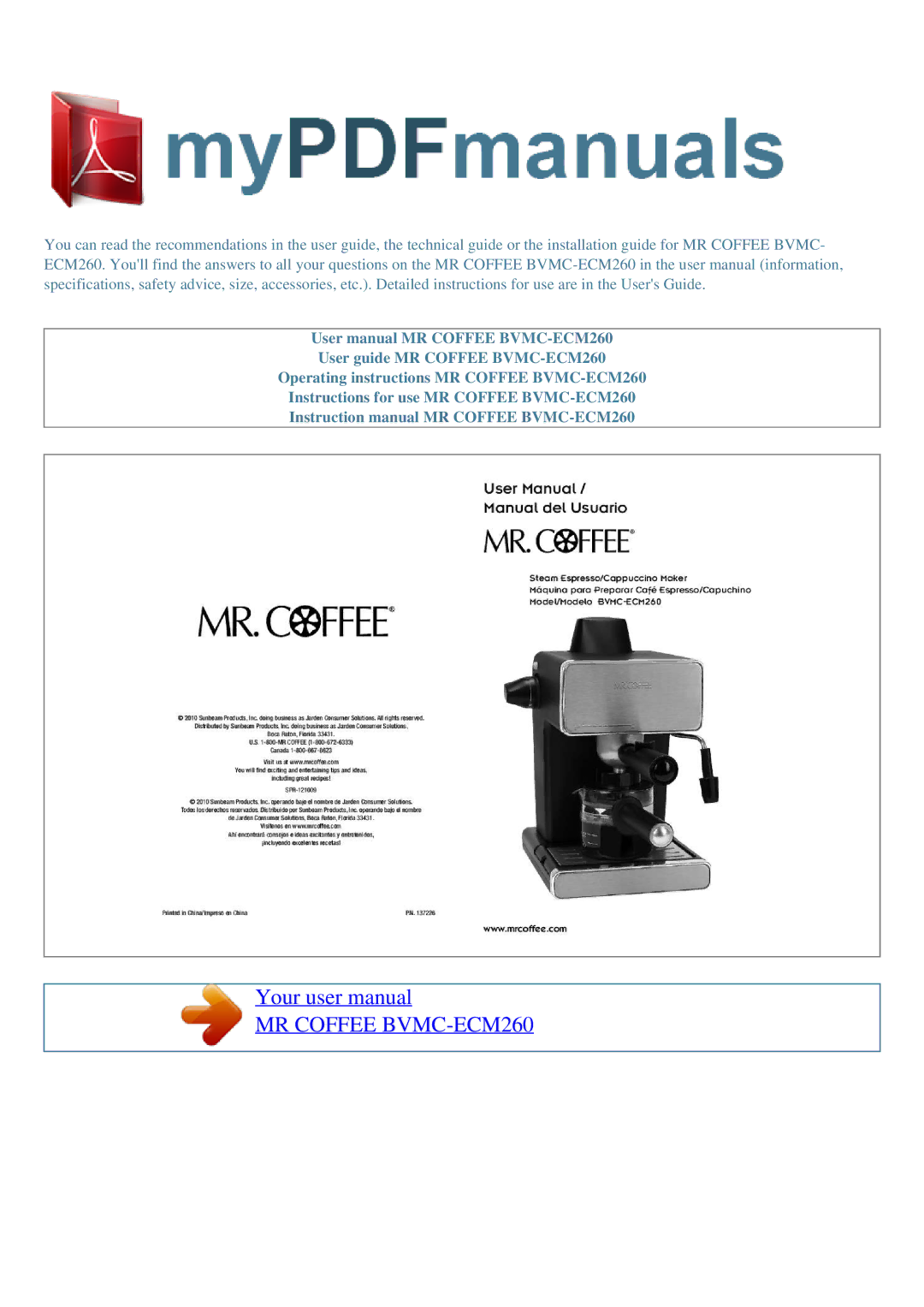 Mr. Coffee user manual MR Coffee BVMC-ECM260 