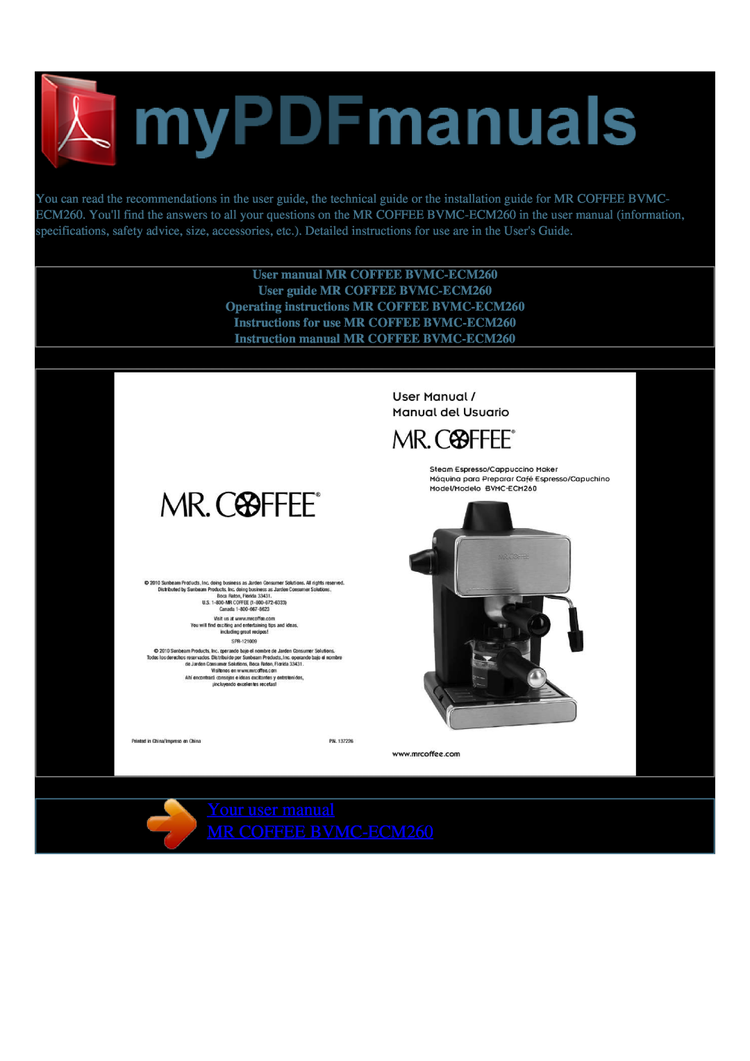 Mr. Coffee user manual User guide MR COFFEE BVMC-ECM260, Operating instructions MR COFFEE BVMC-ECM260 
