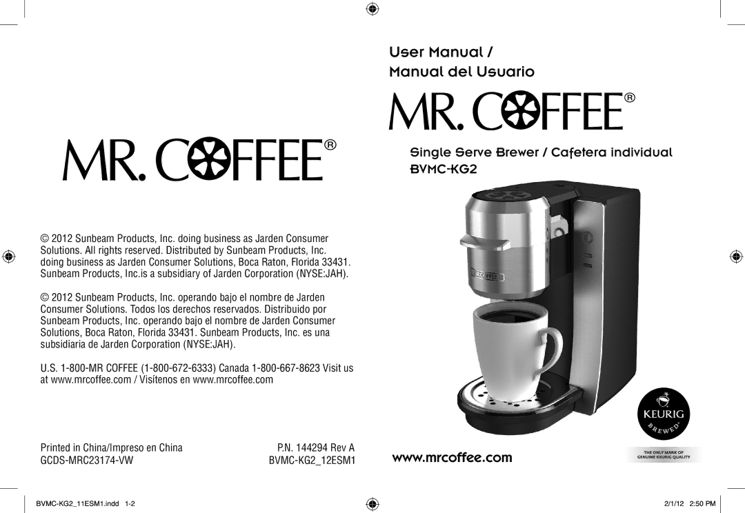 Mr. Coffee manual Single Serve Brewer / Cafetera individual BVMC-KG2 