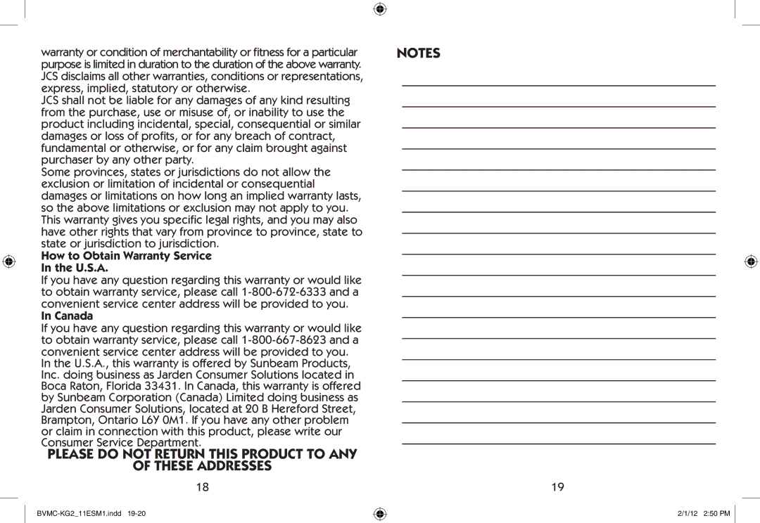 Mr. Coffee BVMC-KG2 manual These Addresses, How to Obtain Warranty Service U.S.A, Canada 