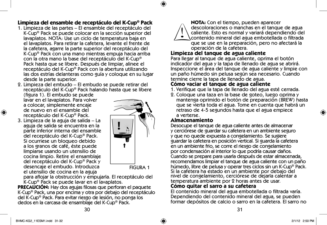 Mr. Coffee BVMC-KG2 manual Limpieza del ensamble de receptáculo del K-CupPack, Limpieza del tanque de agua caliente 