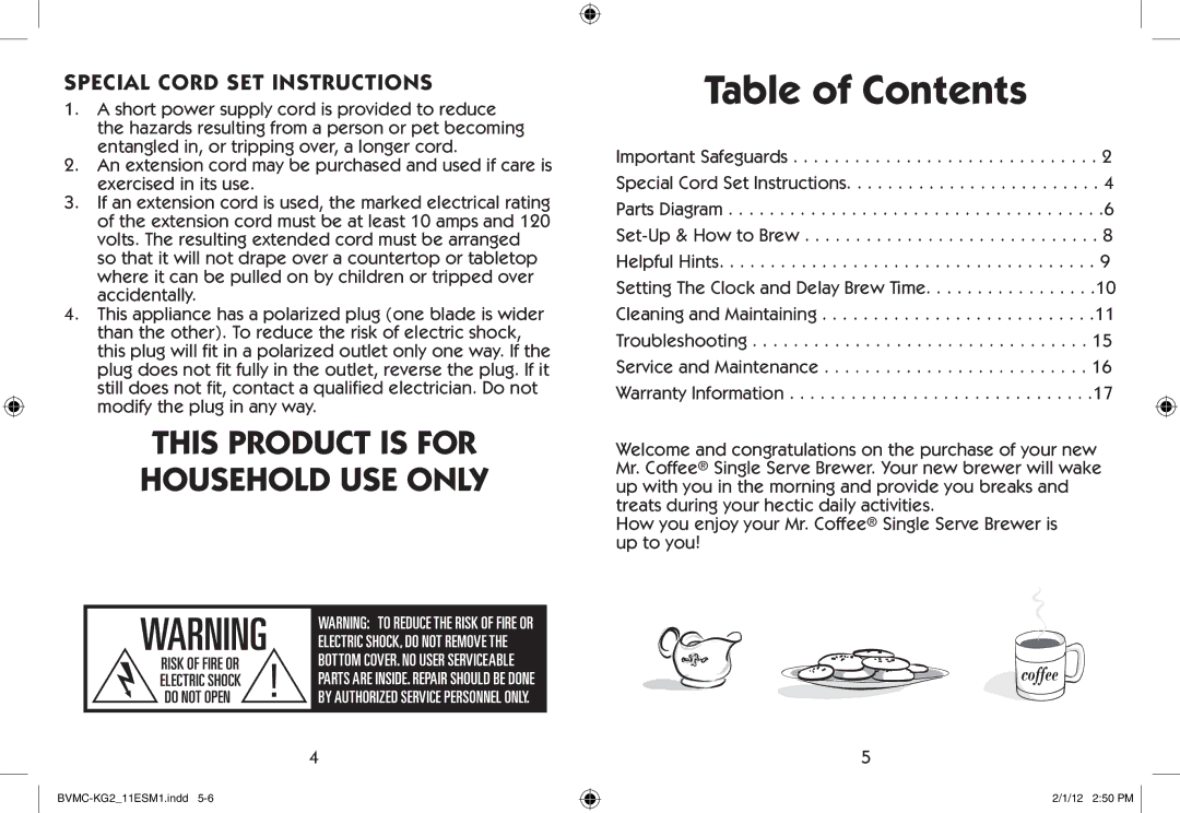 Mr. Coffee BVMC-KG2 manual Table of Contents 