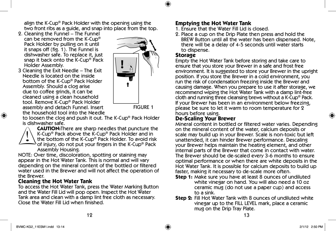 Mr. Coffee BVMC-KG2 manual Cleaning the Hot Water Tank, Emptying the Hot Water Tank, Storage, De-Scaling Your Brewer 