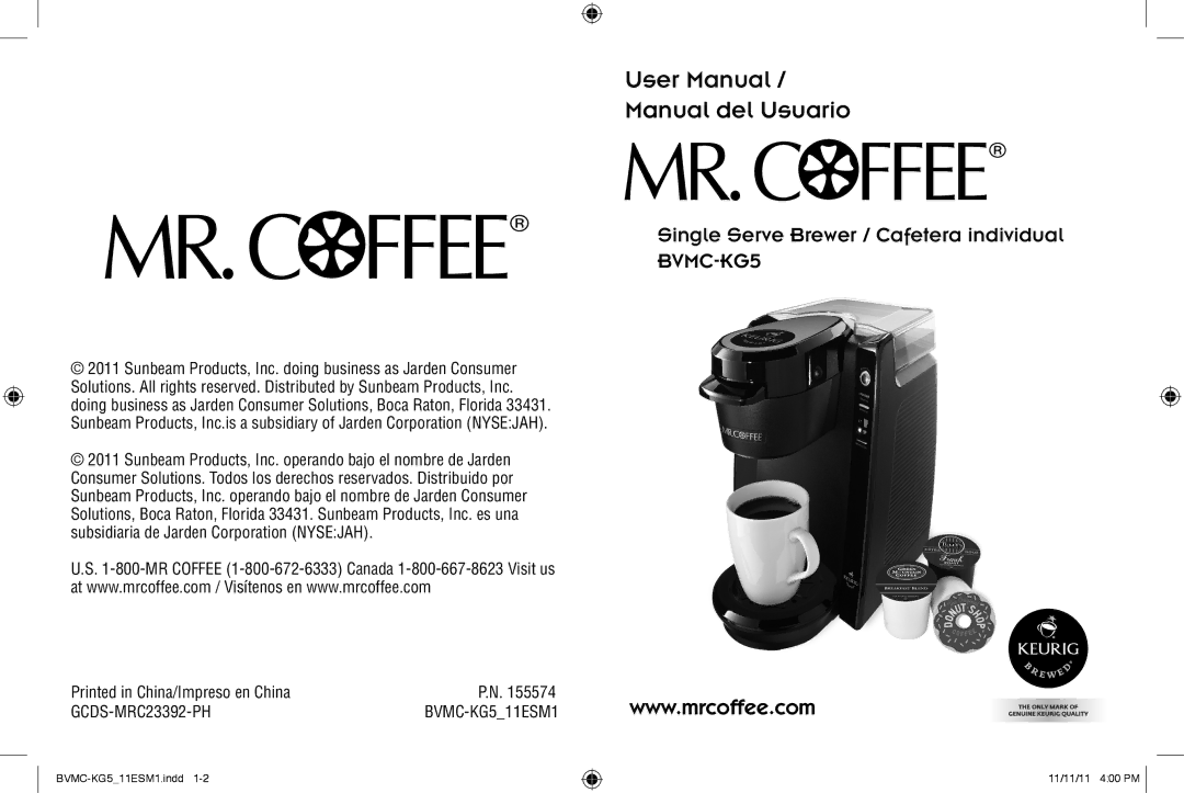 Mr. Coffee BVMC-KG5 user manual Manual del Usuario 