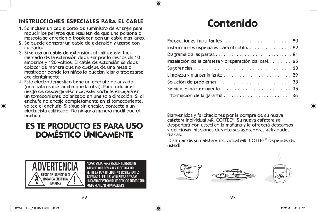 Mr. Coffee BVMC-KG5 user manual Contenido, Instrucciones Especiales Para EL Cable 