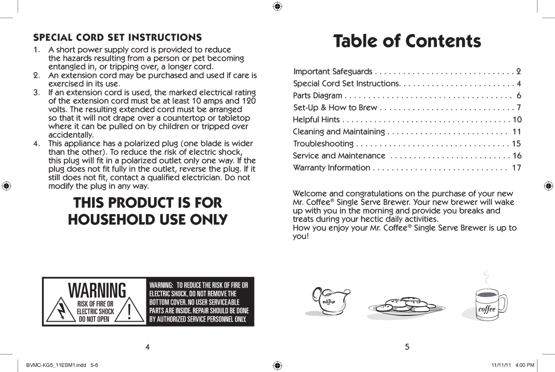 Mr. Coffee BVMC-KG5 user manual Table of Contents 