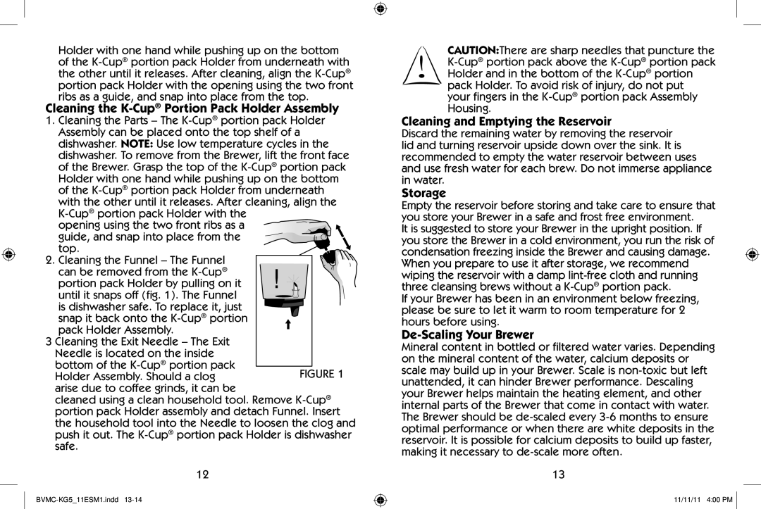 Mr. Coffee BVMC-KG5 user manual Cleaning and Emptying the Reservoir, Storage, De-Scaling Your Brewer 