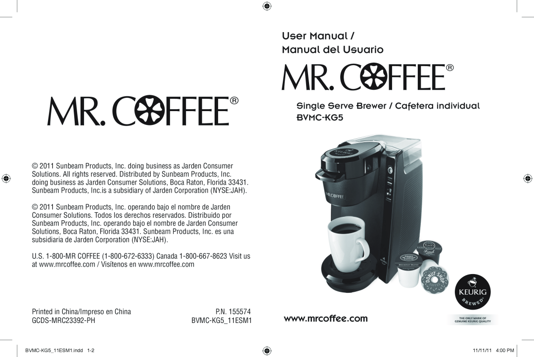 Mr. Coffee user manual User Manual Manual del Usuario, Single Serve Brewer / Cafetera individual BVMC-KG5 