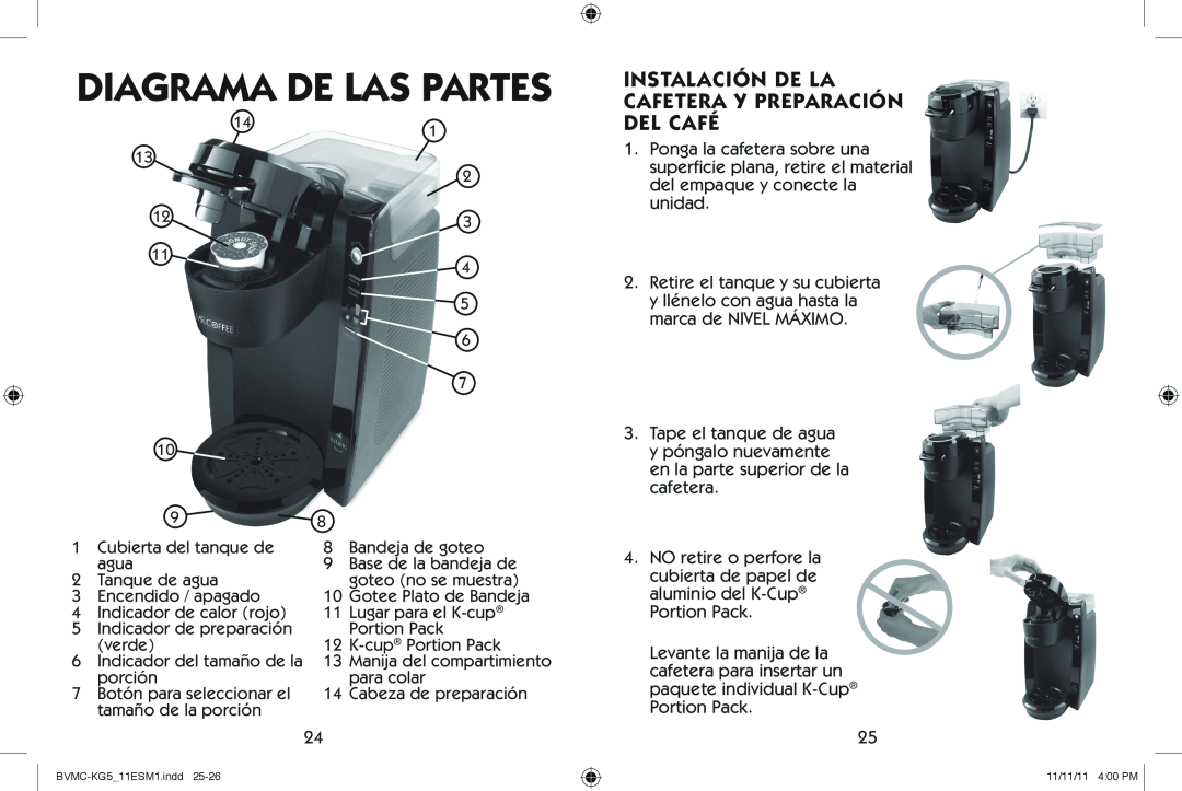 Mr. Coffee BVMC-KG5 user manual Diagrama De Las Partes, Instalación De La Cafetera Y Preparación Del Café 