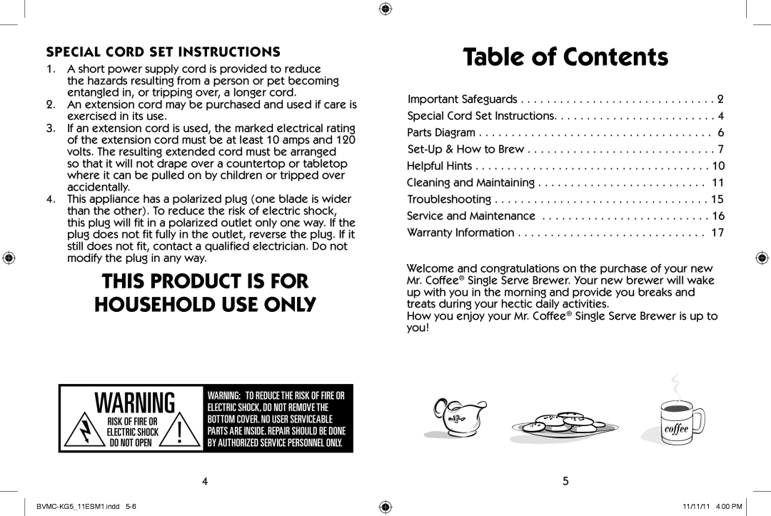 Mr. Coffee BVMC-KG5 user manual Table of Contents, This Product Is For Household Use Only, Special Cord Set Instructions 