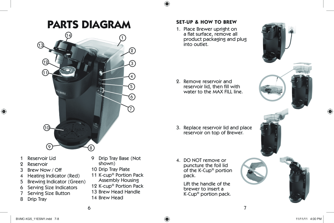 Mr. Coffee BVMC-KG5 user manual Parts Diagram, Set-Up & How To Brew 