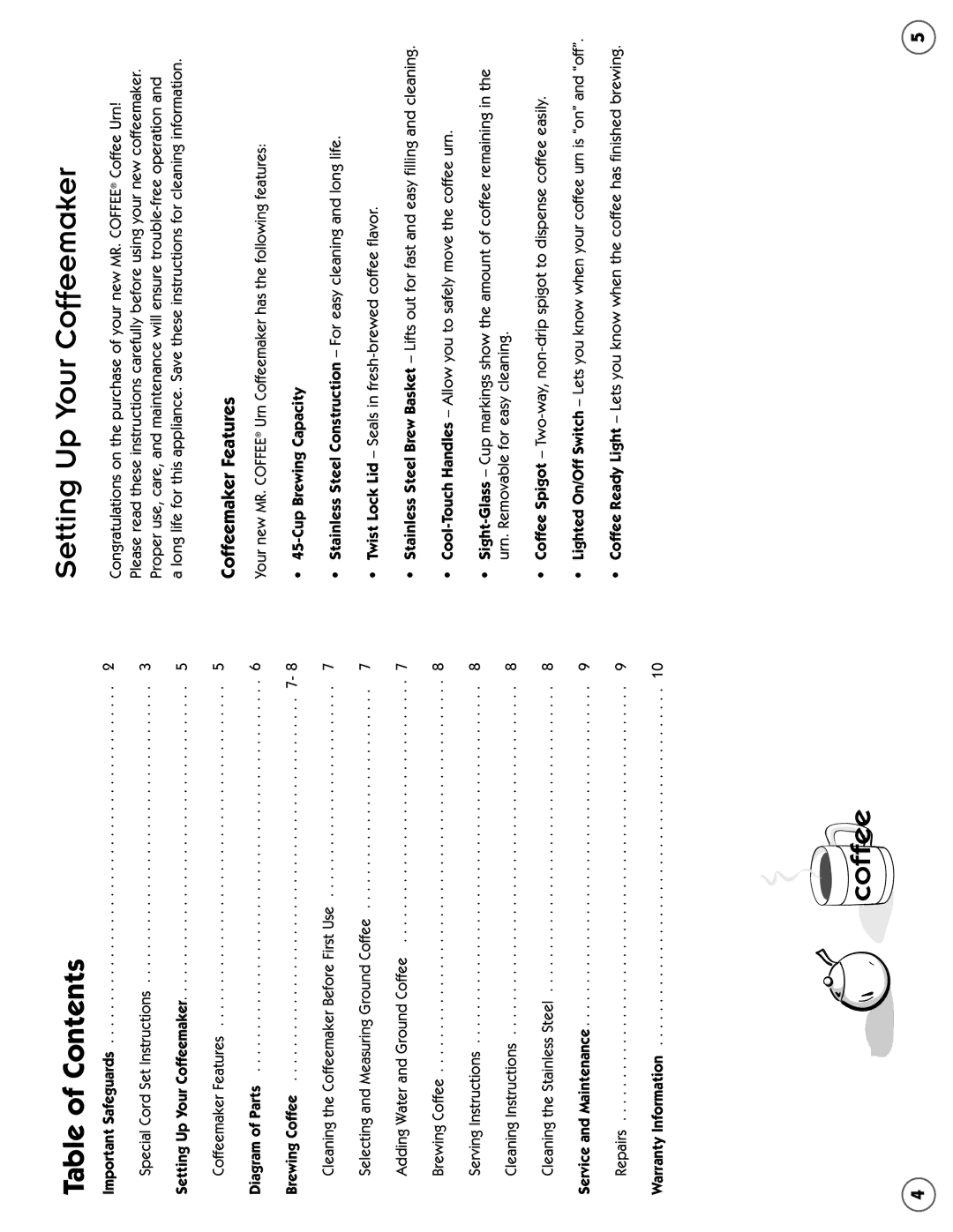 Mr. Coffee CBTU45 user manual Setting Up Your Coffeemaker, Table of Contents 