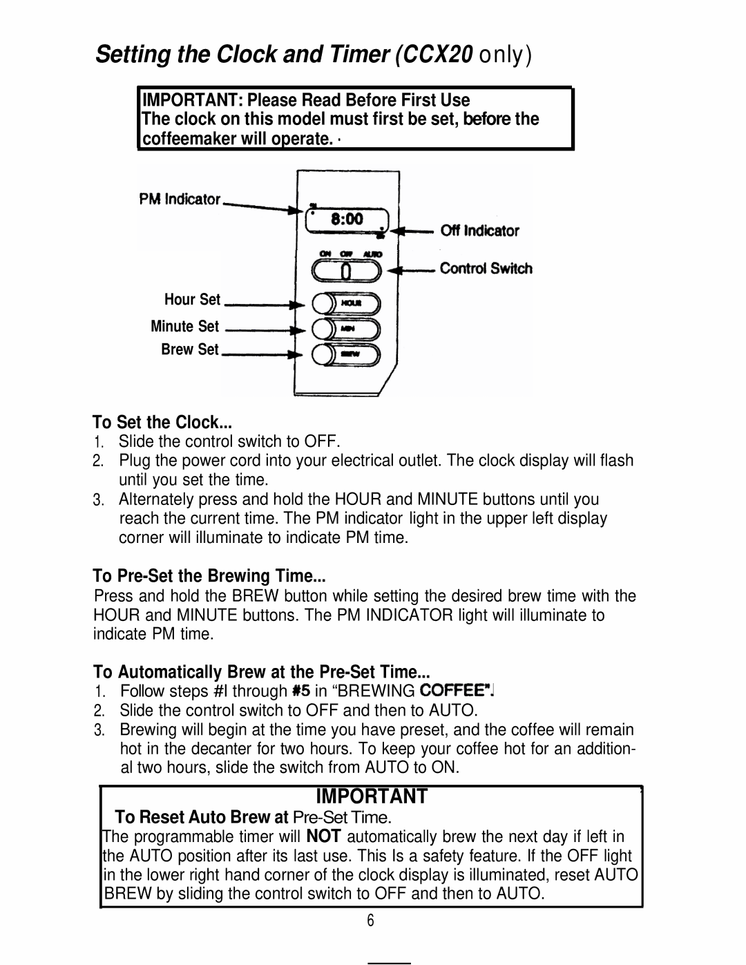 Mr. Coffee CC12A manual Setting the Clock and Timer CCX20 only, To Set the Clock, To Pre-Set the Brewing Time 