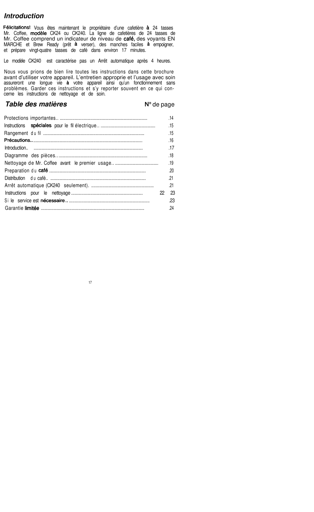 Mr. Coffee CK240 manual Introduction, Table des matières, Des 