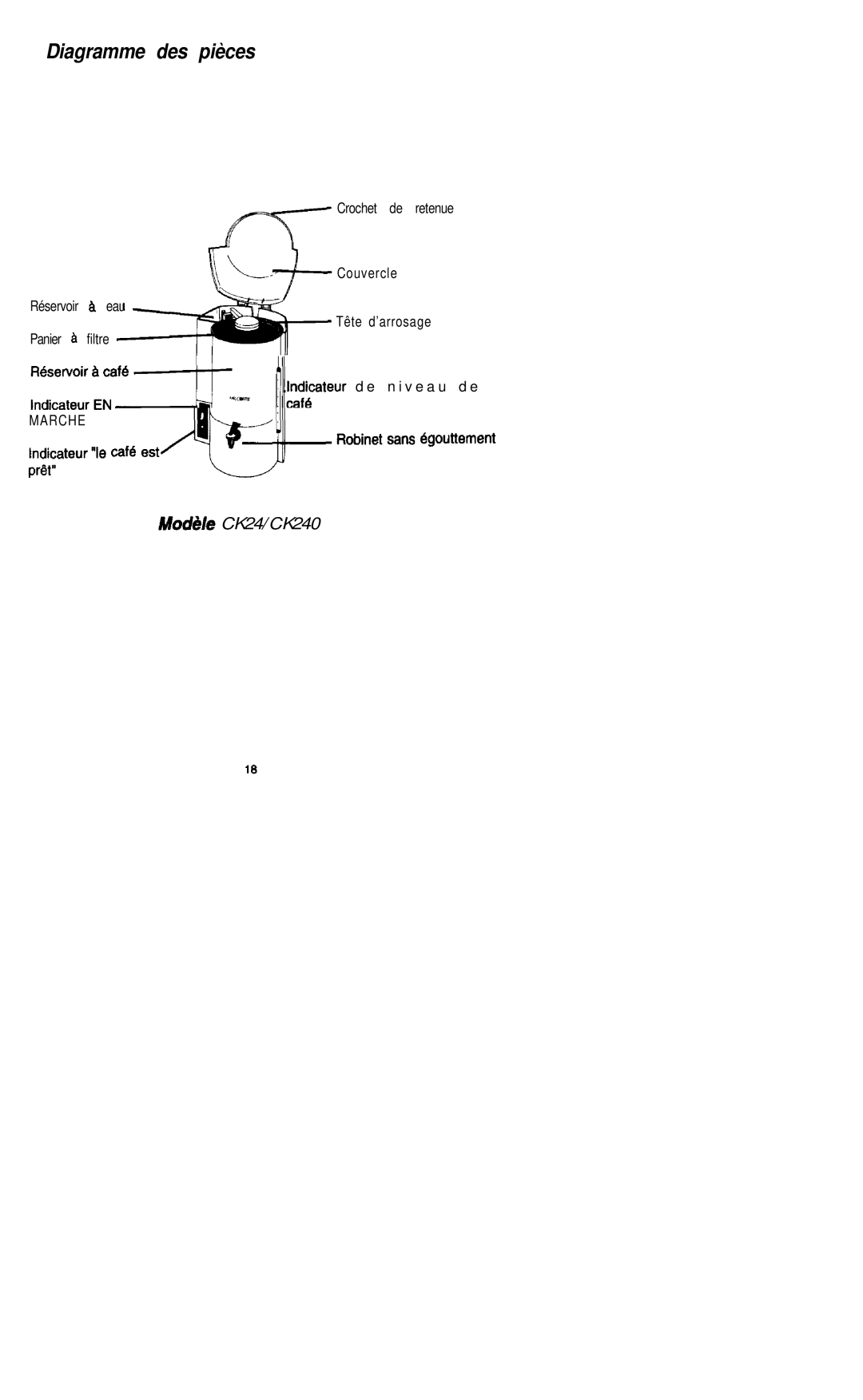 Mr. Coffee CK240 manual Pbeicateur le caf* est* Robinet Sans @Utternent, Diagramme des pièces 